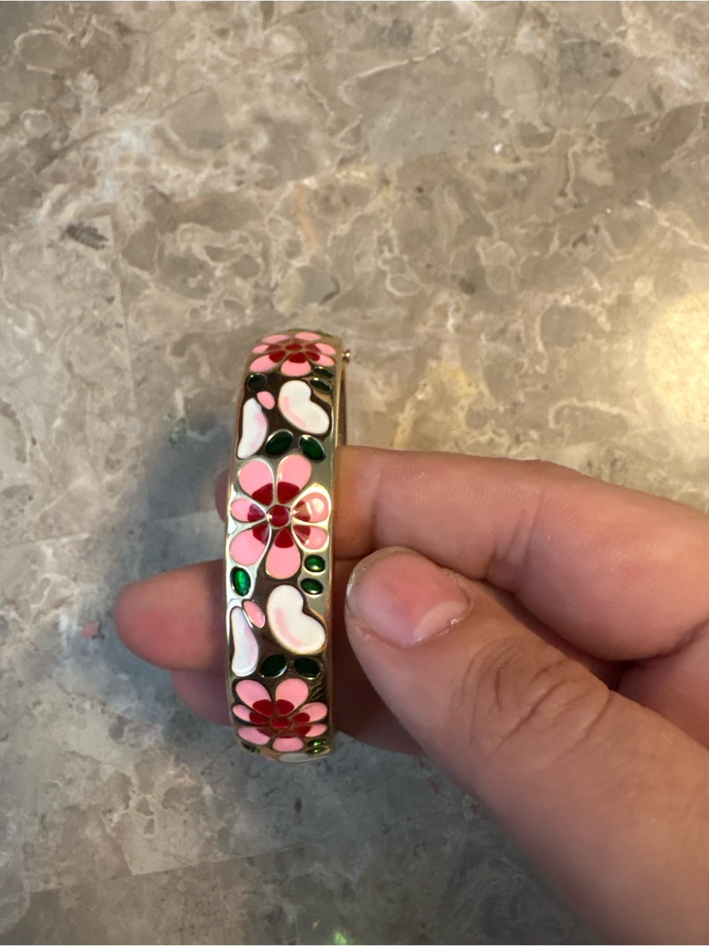 Source Unknown Pink Floral Enamel Bangle with Green Accents